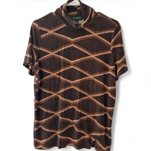 Lauren Ralph Lauren Women’s Brown Diamond Print Stretch Jersey Top Turtleneck 1X